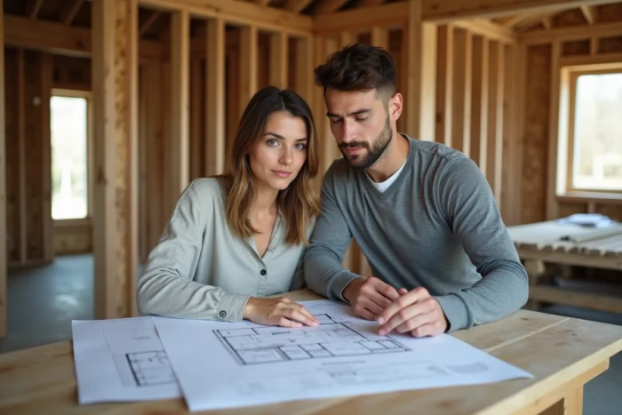 Couple examinant des plans architecturaux pour la construction d'une petite maison économique