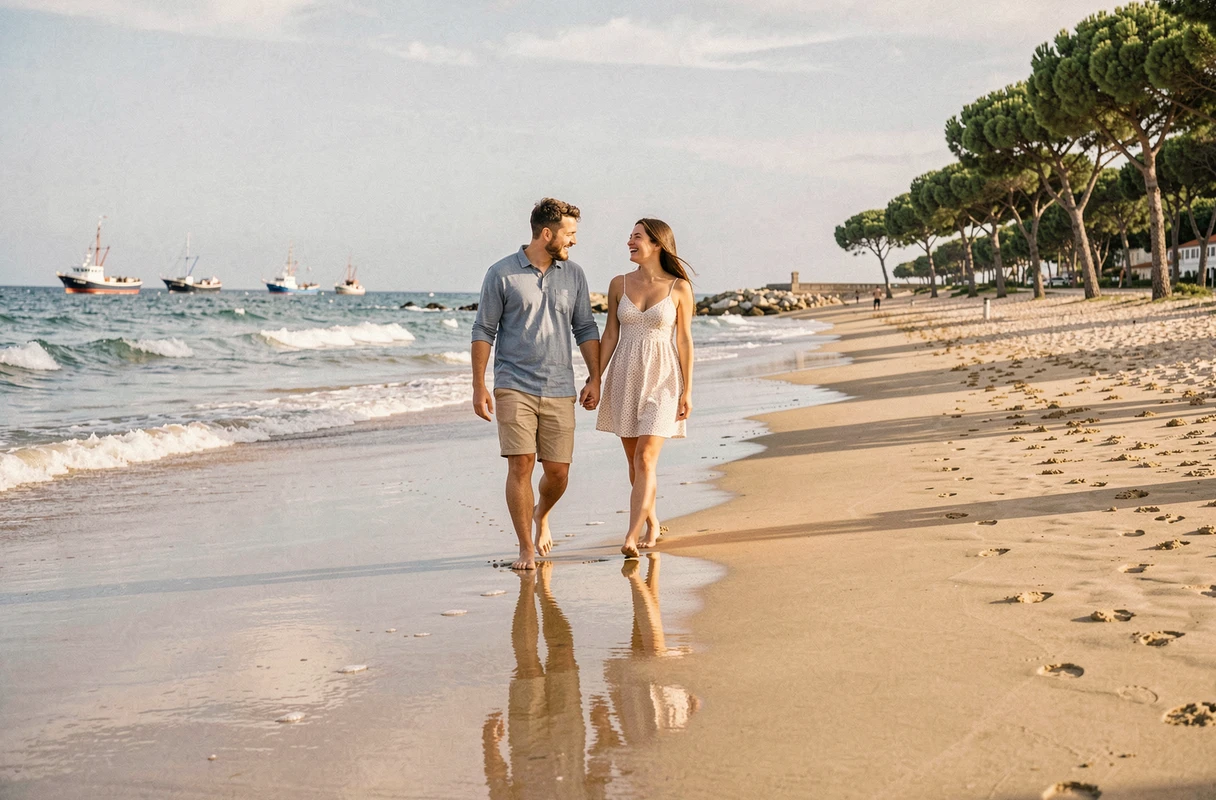 Couple se promenant pieds nus sur une plage tranquille d'Almada au Portugal