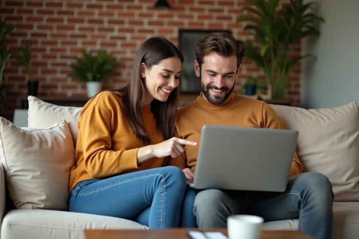 Jeune couple recherchant des annonces immobilières ensemble sur un ordinateur portable dans leur salon