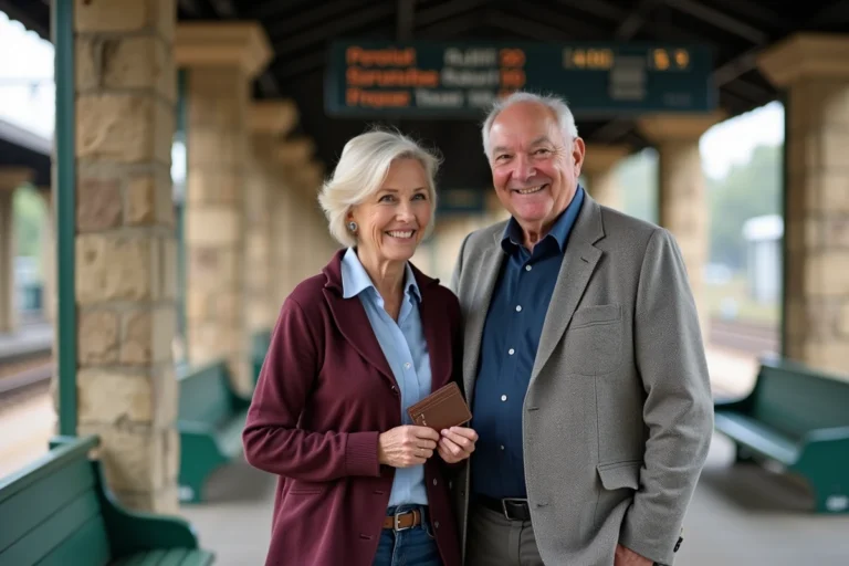 Couple de retraités à la gare tenant un pass Carmillon SNCF, souriant sur le quai d'une gare française