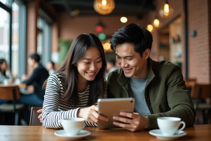 Couple utilisant une tablette dans un café pour effectuer un transfert d'argent international en toute sécurité