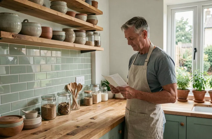 Cuisine rénovée avec étagères ouvertes, céramiques artisanales et plan de travail en bois massif