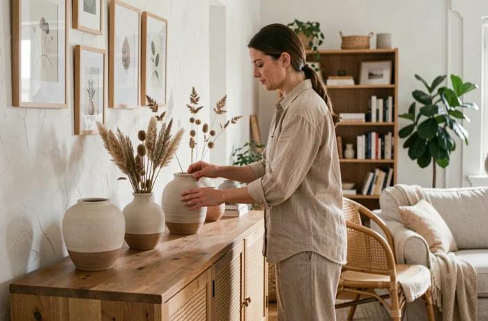 Femme arrangeant des vases en céramique et des tiges séchées sur un buffet en bois dans un salon décoré avec soin