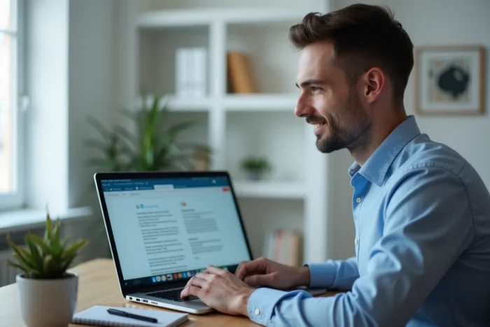 Homme utilisant l'interface de DeepL Traducteur sur un ordinateur portable dans un bureau minimaliste, avec du texte en allemand et en français affiché à l'écran