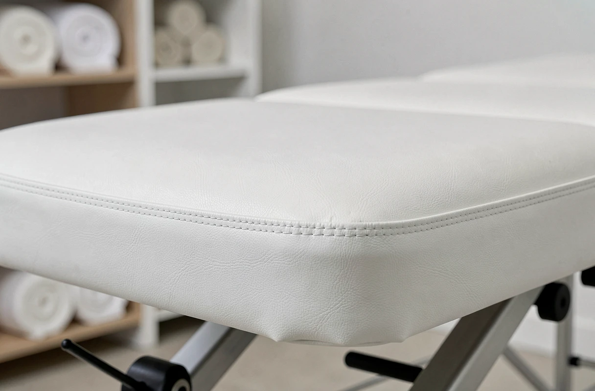 Gros plan sur le revêtement en simili-cuir et le rembourrage d'une table de massage professionnelle de qualité