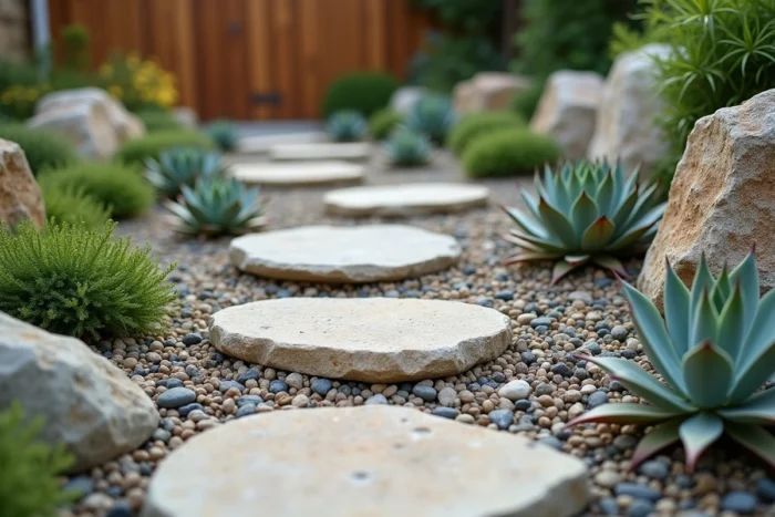 Détail d'une rocaille de jardin méditerranéen avec pierres calcaires, galets et plantes résistantes à la sécheresse comme le sedum et le thym rampant