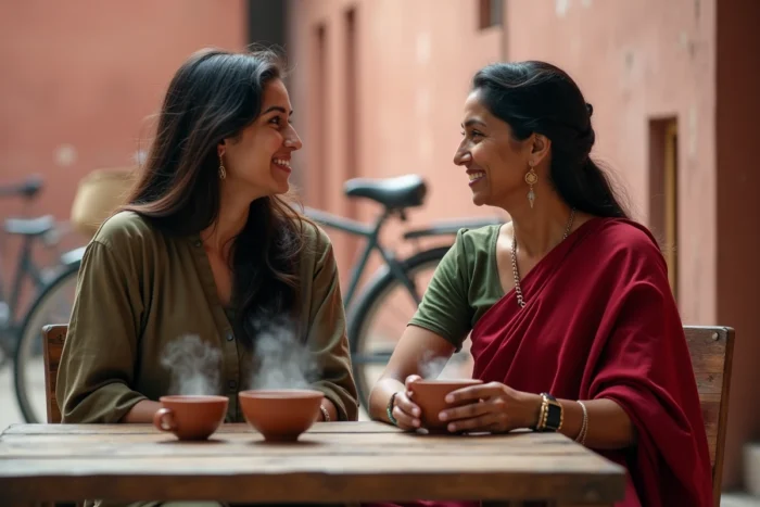 Une voyageuse occidentale en kurta sobre et une femme indienne en sari rouge discutent autour d'un thé dans une échoppe de rue à Jaipur, symbolisant le respect des codes vestimentaires et culturels locaux