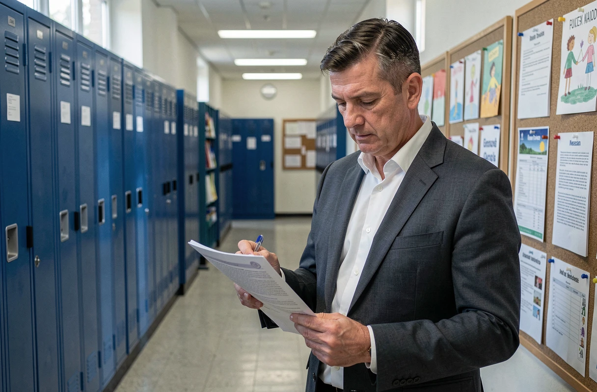 Directeur d'école lisant un document administratif dans un couloir scolaire, dans le cadre de la procédure de signalement obligatoire