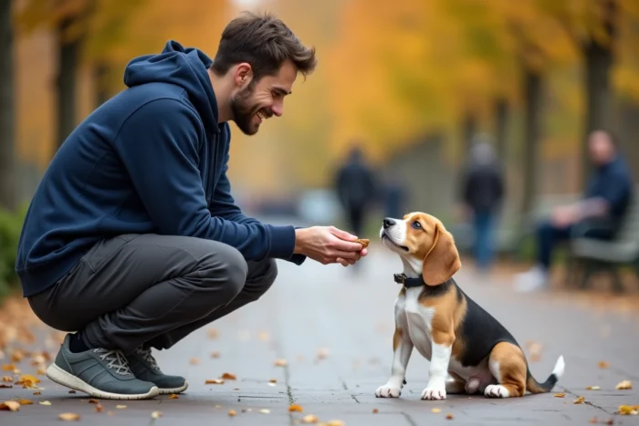 Homme entraînant un chiot beagle dans un parc urbain en automne, astuces dressage et éducation canine