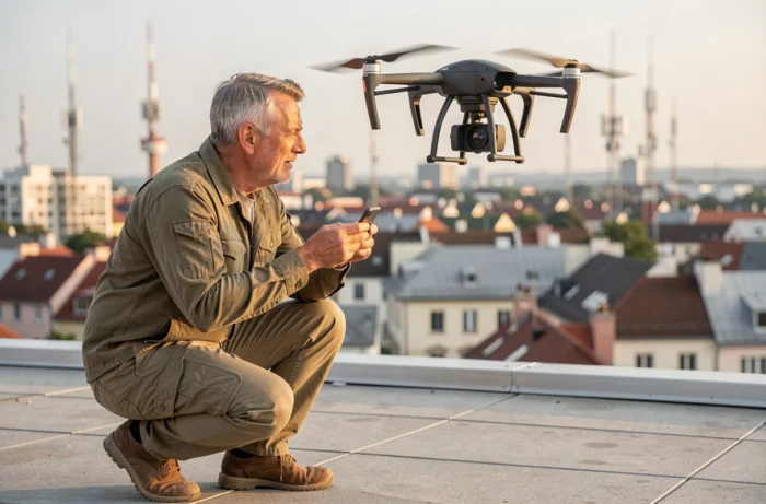 Opérateur de drone de livraison sur une terrasse urbaine pilotant un drone commercial