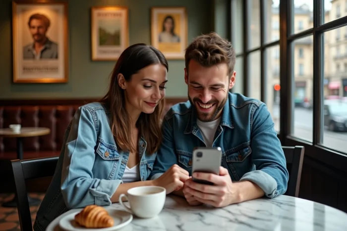 Deux personnes découvrant des actualités web sur un smartphone dans un café parisien