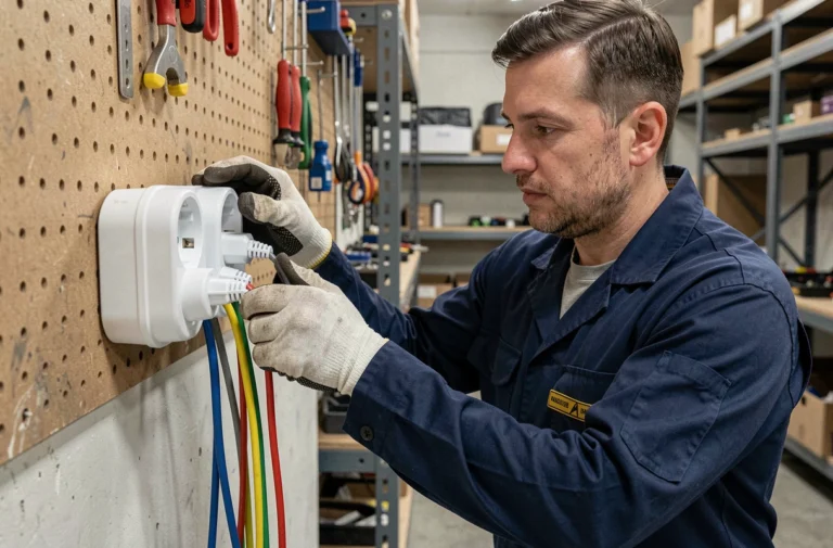 Électricien professionnel installant une pieuvre électrique multi-prises dans un atelier