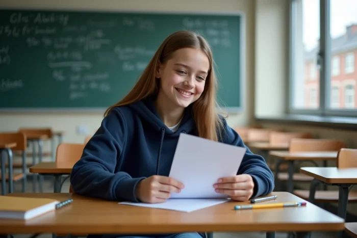 Élève de collège regardant son bulletin scolaire avec une mention satisfaisante, assise à un bureau en bois dans une salle de classe réaliste