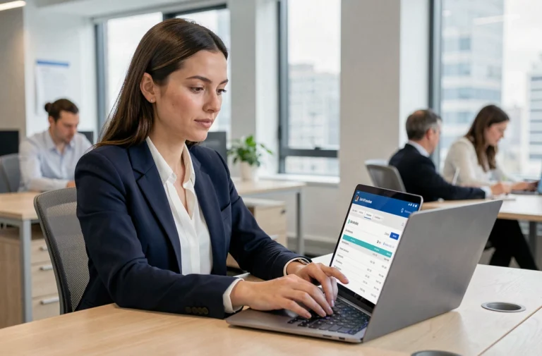 Employée Auchan consultant ses fiches de paie en ligne sur le portail HR4YOU depuis son bureau