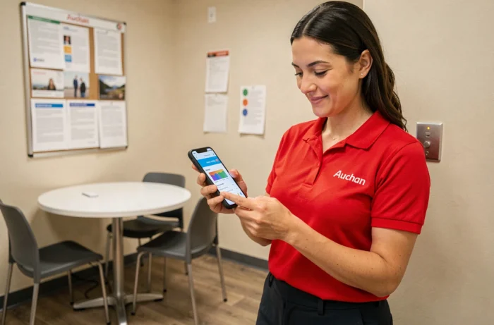 Employée Auchan en uniforme vérifiant sa fiche de paie sur smartphone via le portail HR4YOU