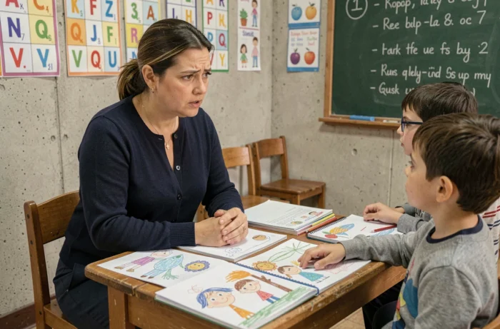 Enseignante attentive discutant avec un élève dans une salle de classe, illustrant le rôle de l'école dans la protection de l'enfance