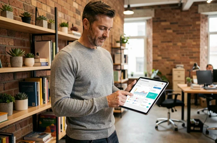 Entrepreneur utilisant une application de marketing automation sur tablette dans un espace de coworking créatif
