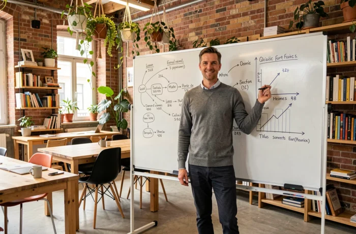 Entrepreneur français présentant un plan de développement commercial sur un tableau blanc dans un espace de coworking à Lyon