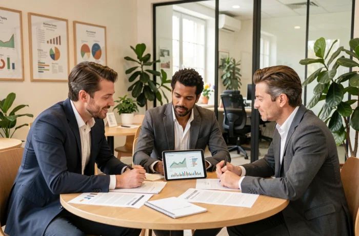 Équipe de professionnels français collaborant sur des rapports de croissance et des indicateurs financiers dans une salle de réunion moderne