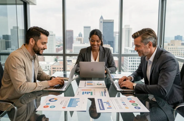Équipe marketing collaborative travaillant avec des outils numériques innovants autour d'une table de réunion