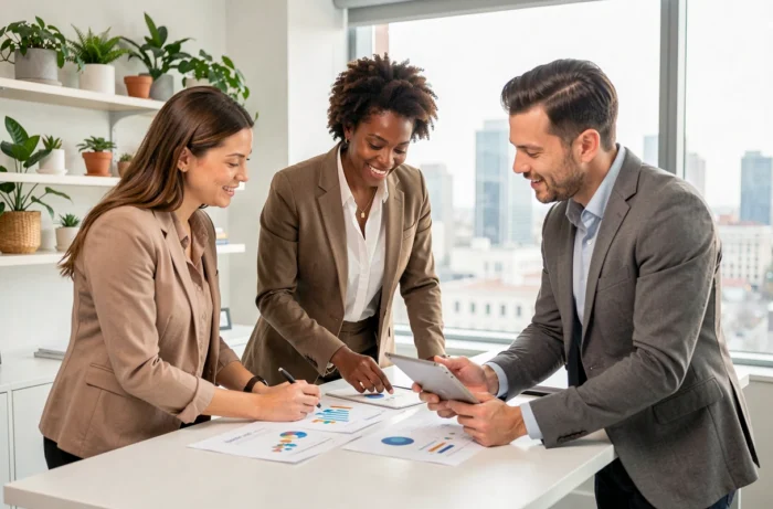 Équipe de professionnels diversifiés collaborant autour d'un bureau debout dans un espace de travail moderne et lumineux
