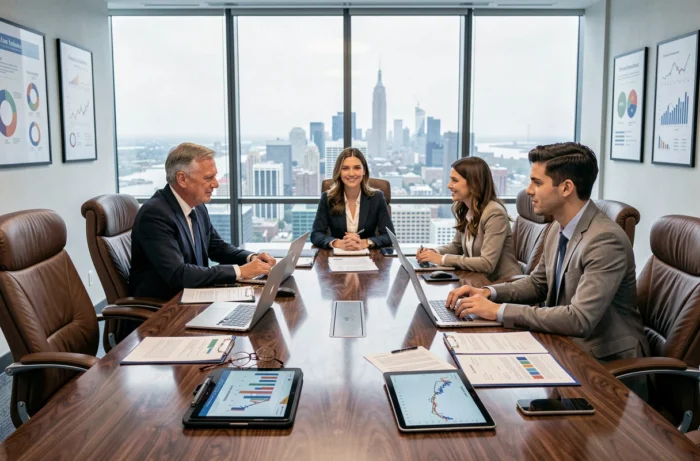 Équipe de professionnels analysant des documents financiers dans une salle de réunion avec vue sur la ville
