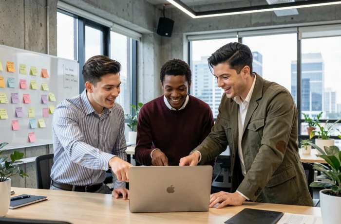 Trois jeunes professionnels discutant des dernières tendances autour d'un ordinateur portable dans un bureau moderne