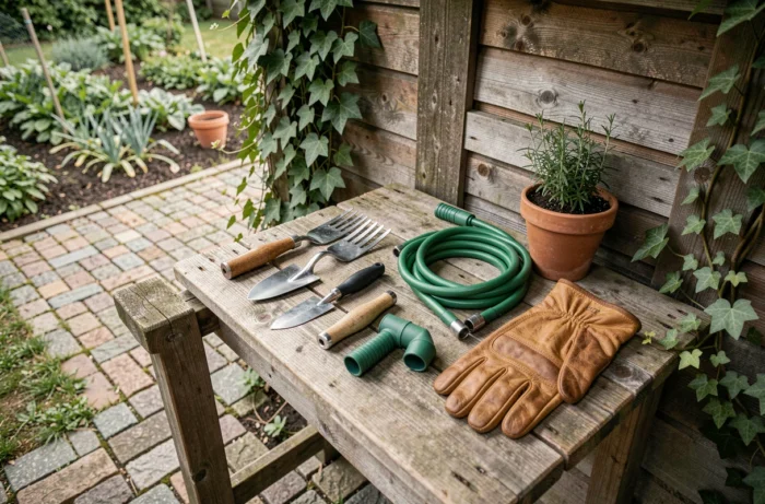 Collection d'équipements de jardinage soigneusement disposés sur un établi en bois rustique devant un abri de jardin