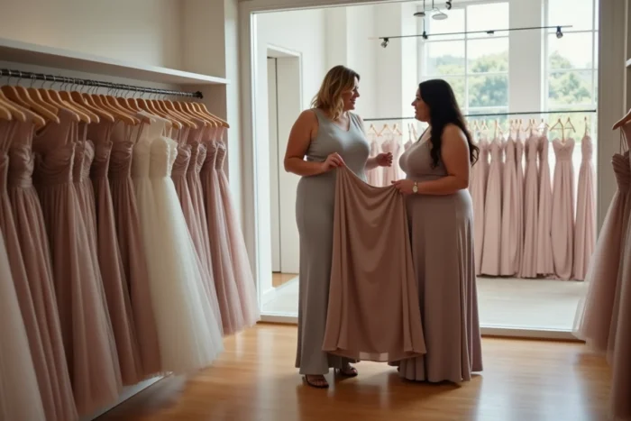Deux femmes grande taille essayant des robes trapèze élégantes dans une boutique de mariage haut de gamme