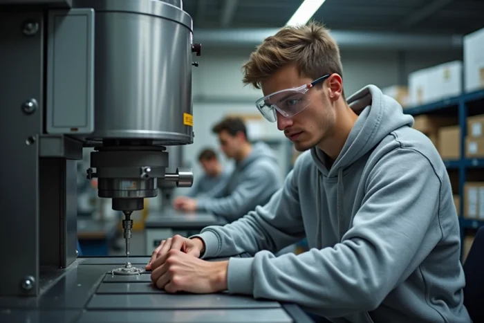 Étudiant en ingénierie utilisant une fraiseuse CNC dans le laboratoire de fabrication d'une école polytechnique de rang mondial