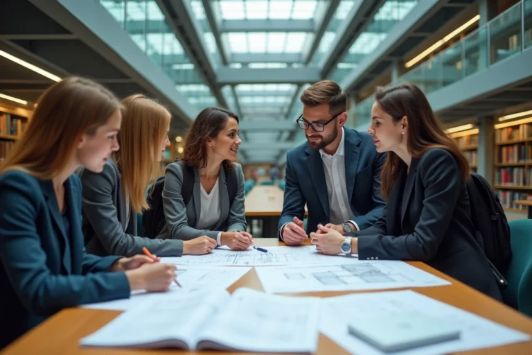 Étudiants d'une école polytechnique internationale collaborant autour de plans techniques dans une bibliothèque universitaire moderne