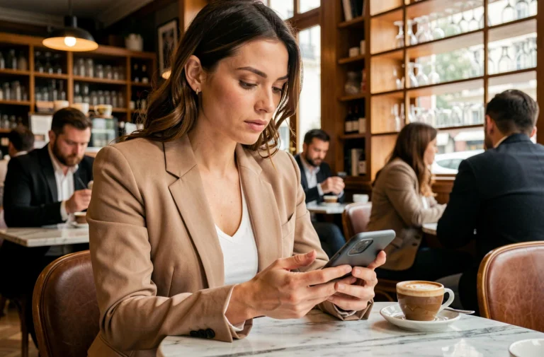 Femme lisant l'actualité sur son smartphone dans un café parisien, illustrant les tendances de la semaine