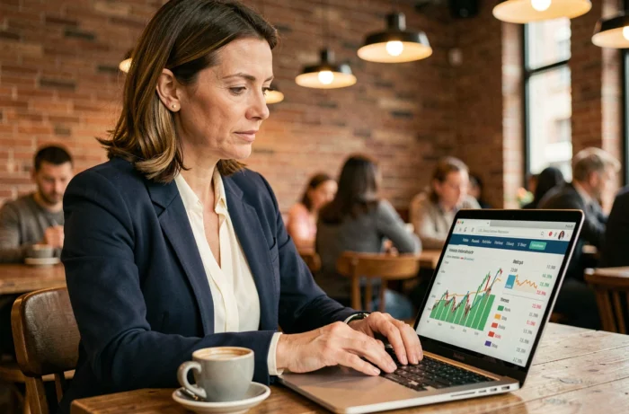 Femme d'affaires consultant l'actualité financière sur son ordinateur portable dans un café urbain moderne