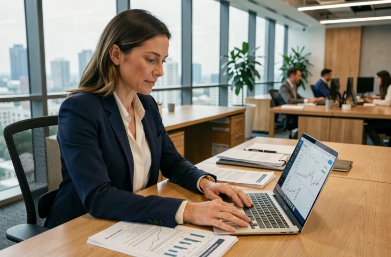 Femme d'affaires analysant des documents de financement dans un bureau moderne pour trouver la meilleure solution de financement d'entreprise