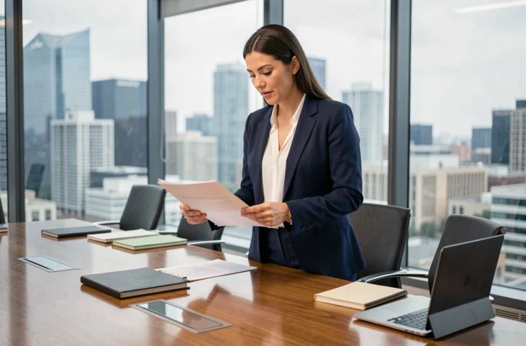 Femme d'affaires confiante en blazer marine examinant des documents dans une salle de réunion moderne avec vue sur la ville