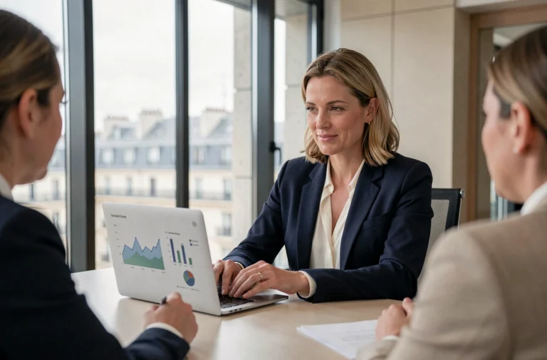 Femme d'affaires française analysant des graphiques de croissance lors d'une réunion stratégique dans un bureau moderne à Paris