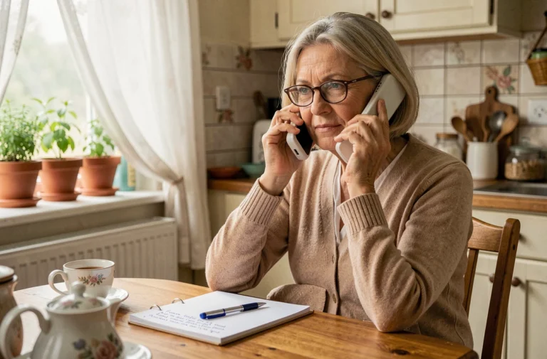 Femme âgée au téléphone préparant son changement d'adresse avec un bloc-notes et un stylo sur une table en bois