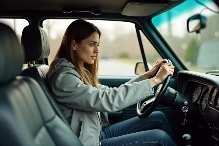 Femme adulte concentrée au volant d'une voiture à boîte manuelle lors d'une leçon de conduite pour convertir son permis boîte automatique