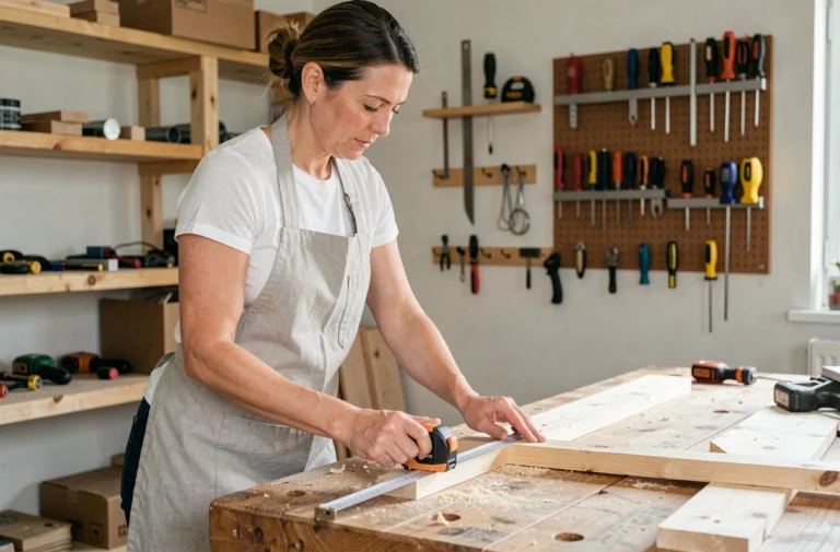 Femme mesurant une planche en bois dans un atelier de bricolage à domicile avec des outils organisés en arrière-plan