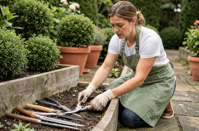 Femme choisissant des outils de jardinage devant un parterre surélevé en bois dans un jardin bien entretenu
