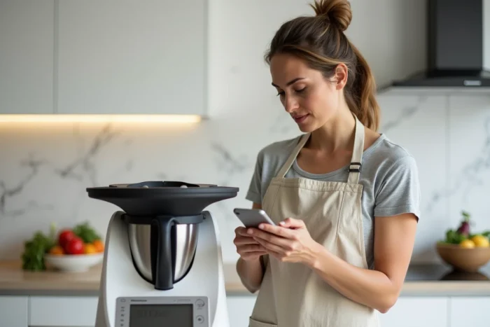 Femme comparant les prix d'un Thermomix TM6 sur son smartphone dans une cuisine moderne