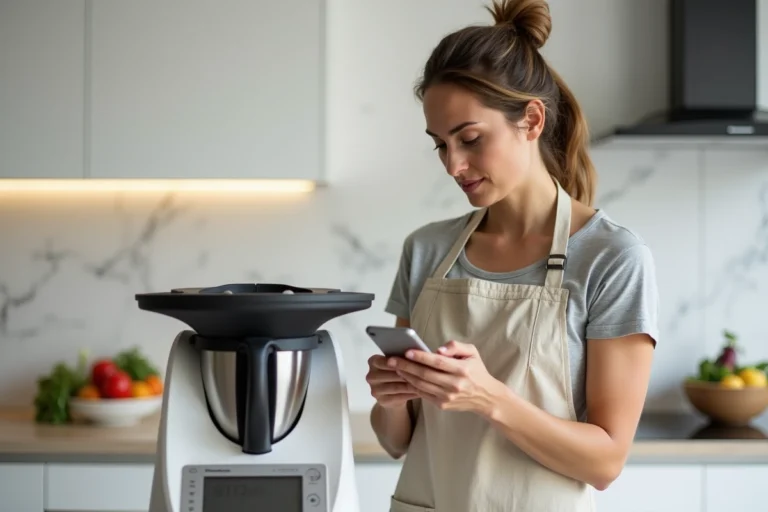Femme comparant les prix d'un Thermomix TM6 sur son smartphone dans une cuisine moderne