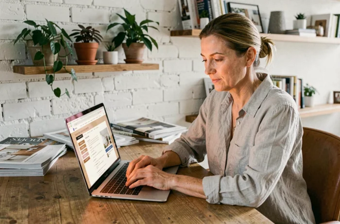 Femme consultant le plan du site d'un blog habitat sur son ordinateur portable dans un bureau à domicile