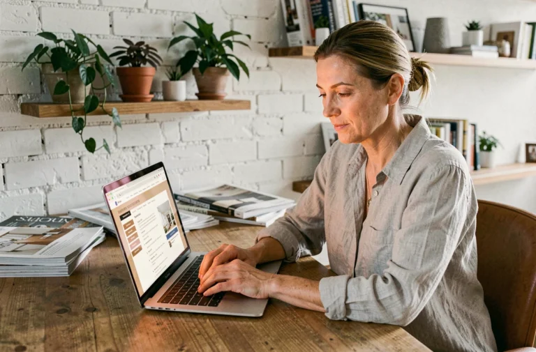 Femme consultant le plan du site d'un blog habitat sur son ordinateur portable dans un bureau à domicile