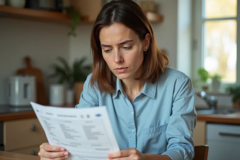 Femme consultant sa carte grise à la table de cuisine pour vérifier ses démarches administratives
