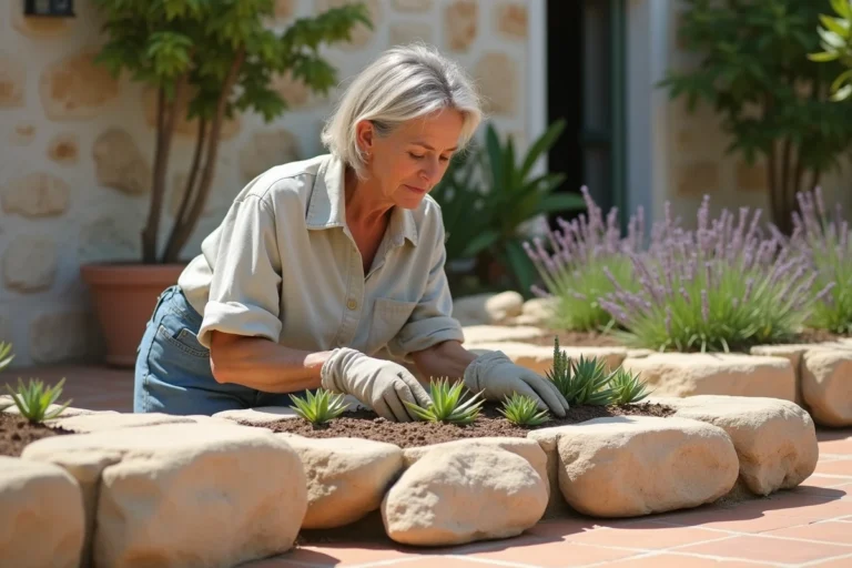 Femme aménageant une rocaille méditerranéenne avec des pierres calcaires et des plantes succulentes sur une terrasse en terre cuite