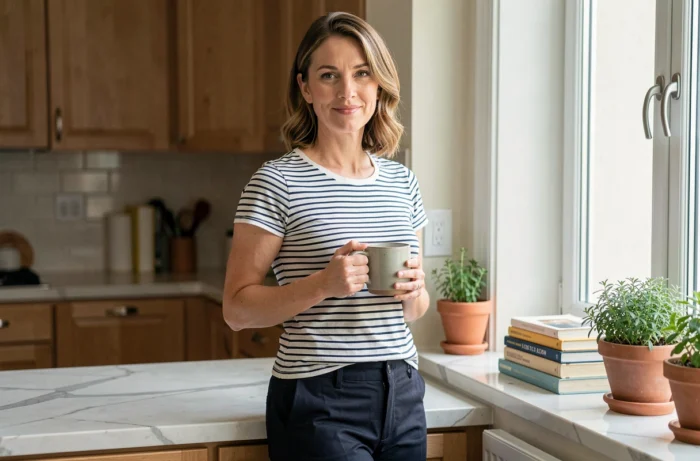 Femme détendue dans une cuisine moderne tenant un mug, ambiance familiale et authentique, photo de style de vie