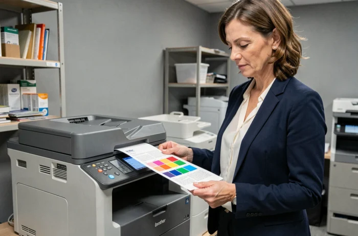 Femme examinant un document couleur imprimé par la Brother MFC-L3770CDW dans une salle de reprographie
