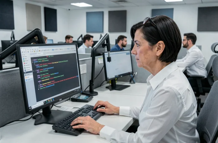 Femme d'affaires analysant des messages d'erreur VPN sur son ordinateur dans un bureau professionnel en open space