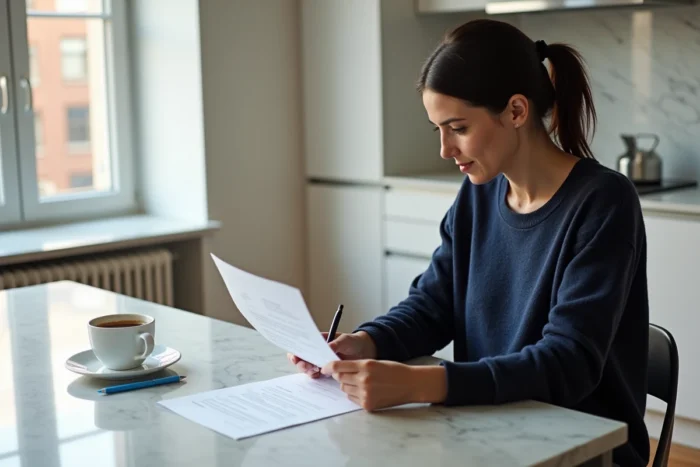 Femme qui étudie seule des offres de crédit immobilier à son domicile avec attention